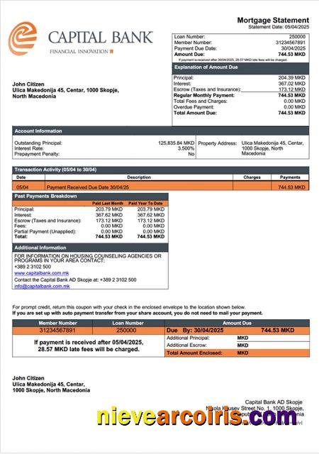 North Macedonia Capital Bank AD Skopje mortgage statement Word and PDF template